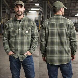 Carhartt Rugged Flex Flannel Shirt Mens XL Relaxed Fit Green Plaid Snap Front